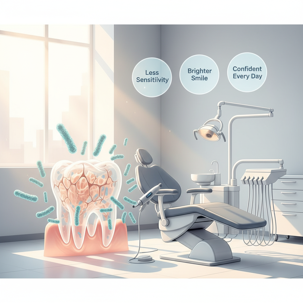 Modern dental treatment room with translucent molars, bacteria, and soft pink accents.