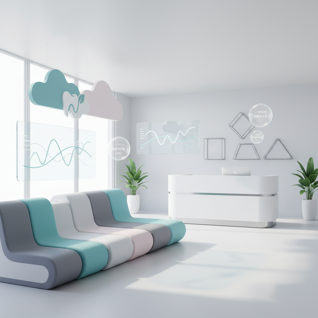 Modern dental waiting area with minimalist seating, brand colors, awards, charts, and testimonials.