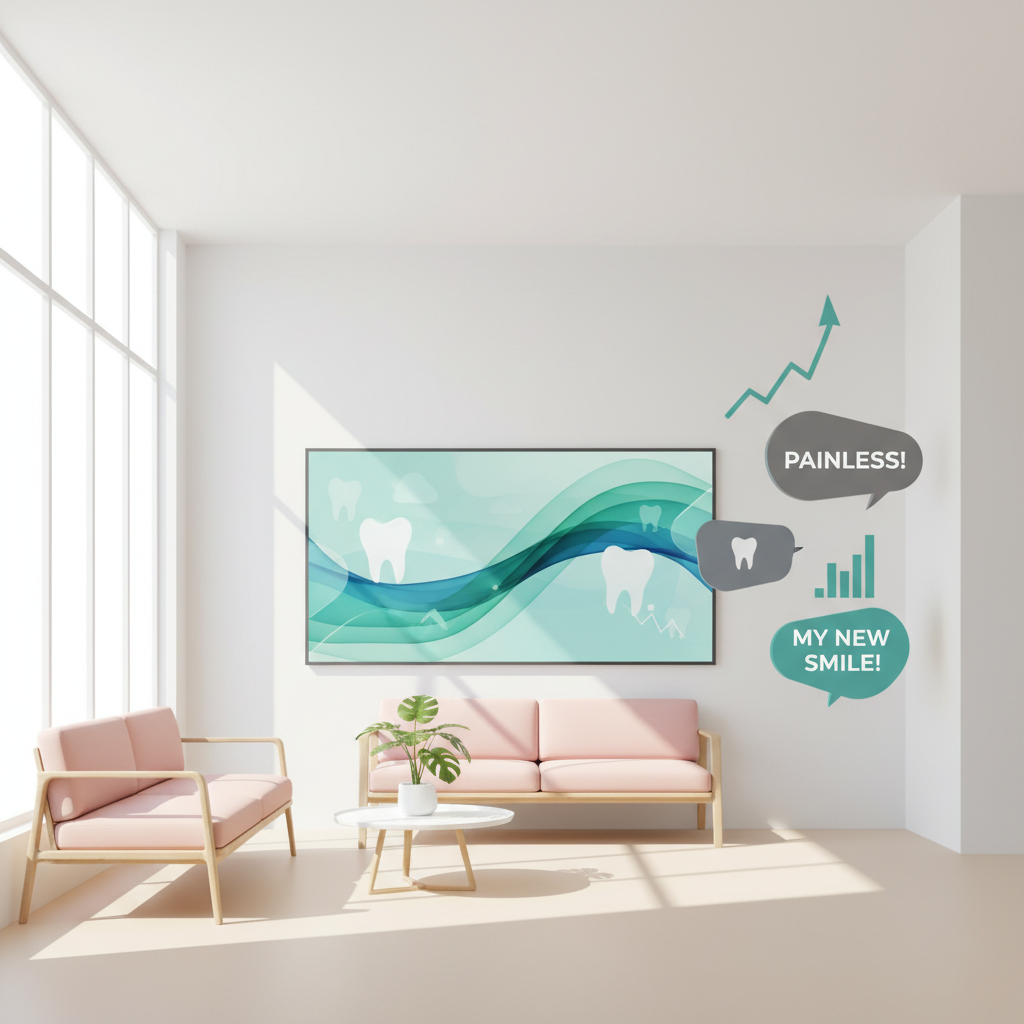 Modern dental waiting area with minimalist seating, greenery, educational displays, and calming design.