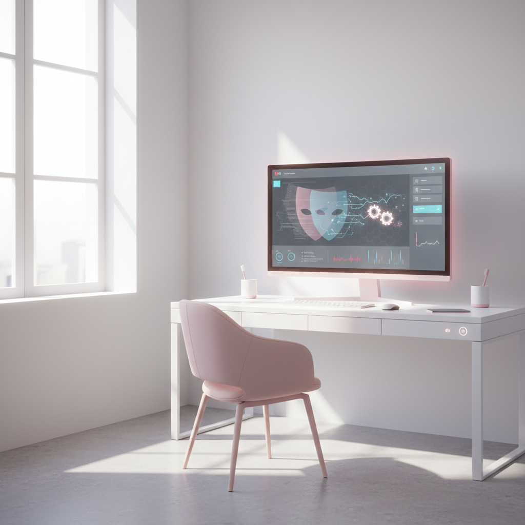 Modern dental workspace dashboard with abstract symbols of risk and automation elements.
