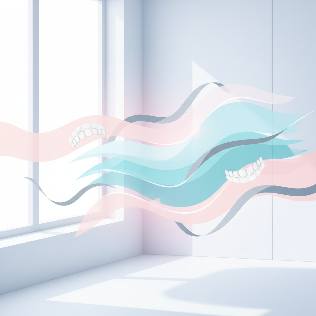 Modern dental workspace illustration with abstract layers, dental arches, and calming colors.