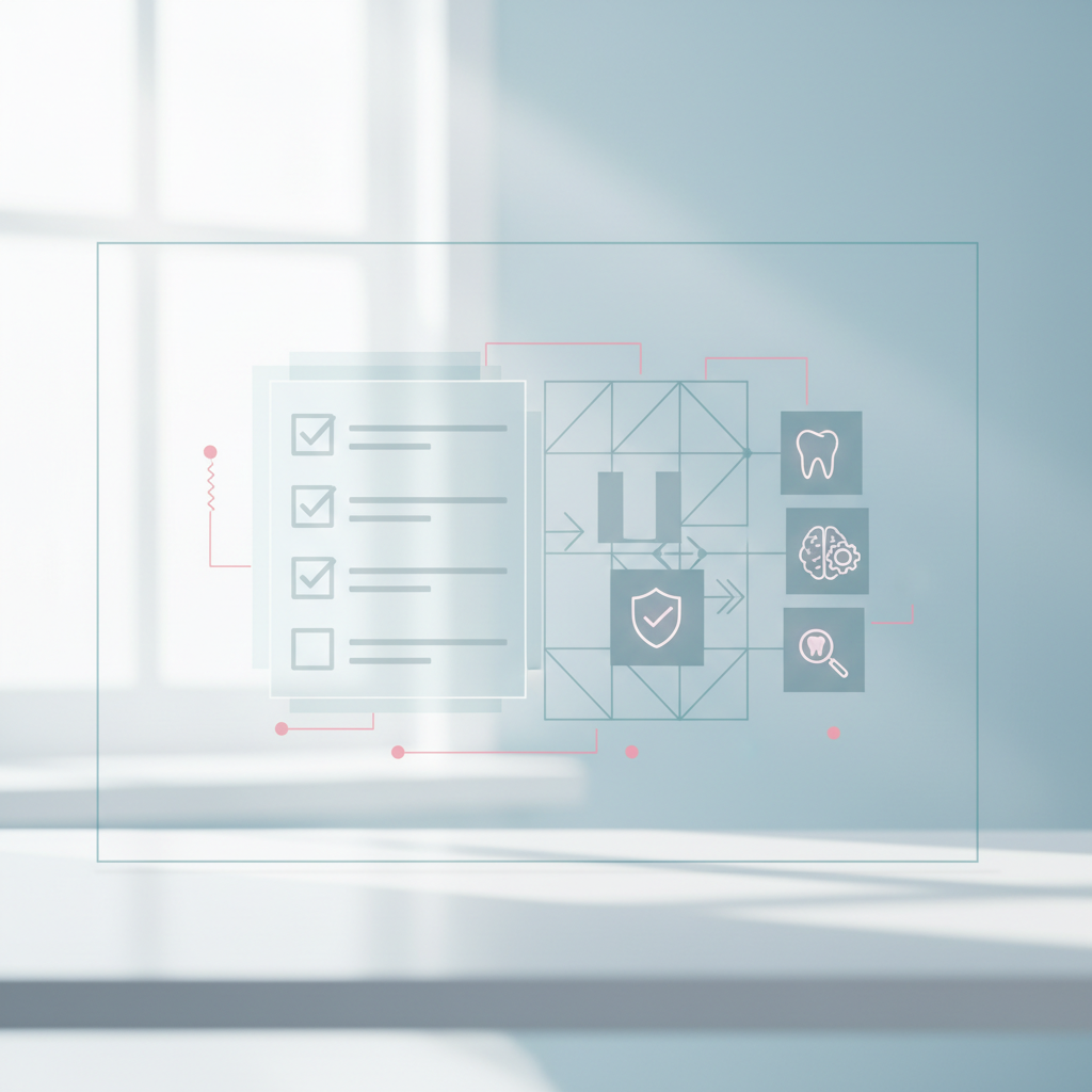 Modern dental workspace illustration with digital checklists, workflow grids, icons, and geometric shapes.