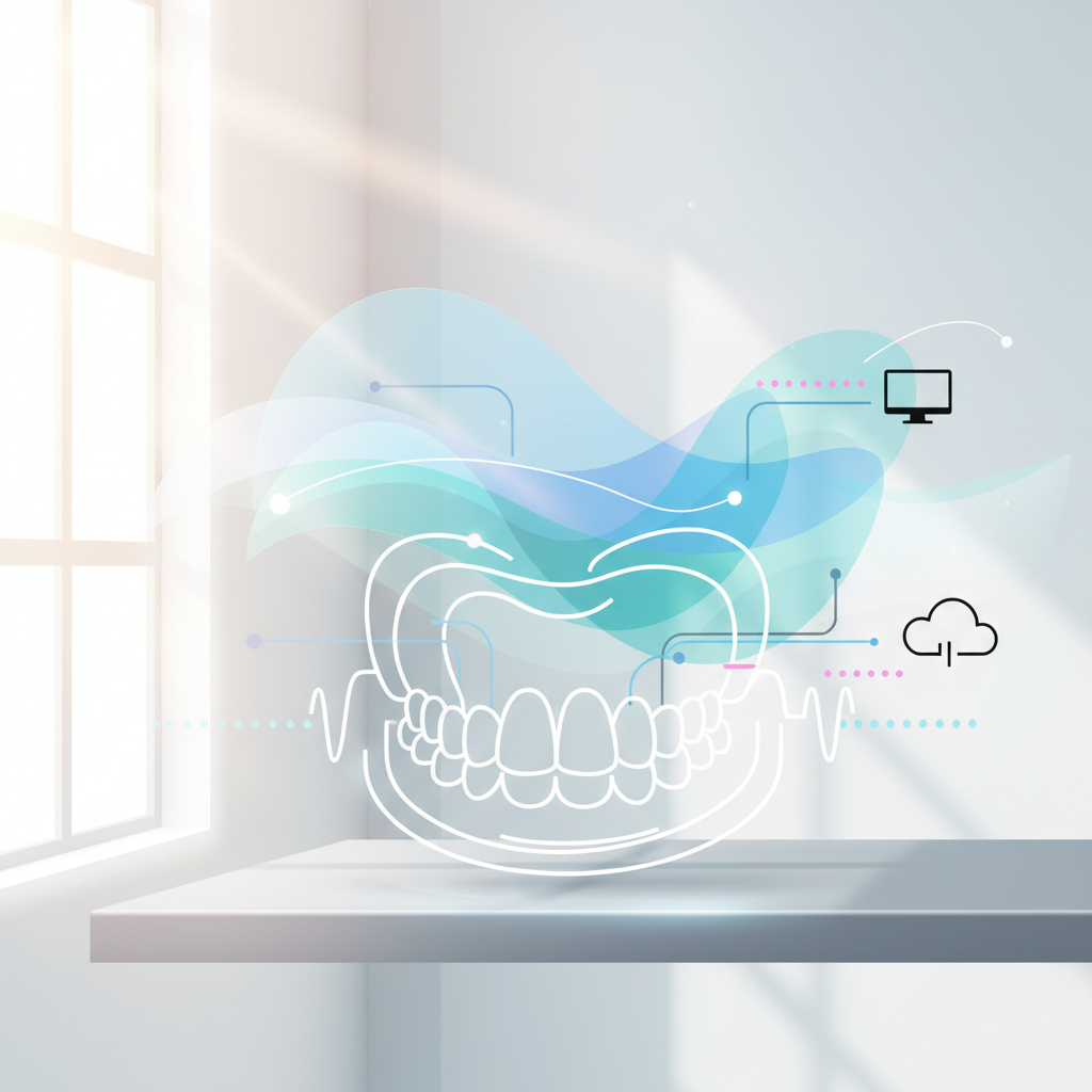 Modern dental workspace with abstract layers, data streams, and dental arch outlines in bright, clinical tones.
