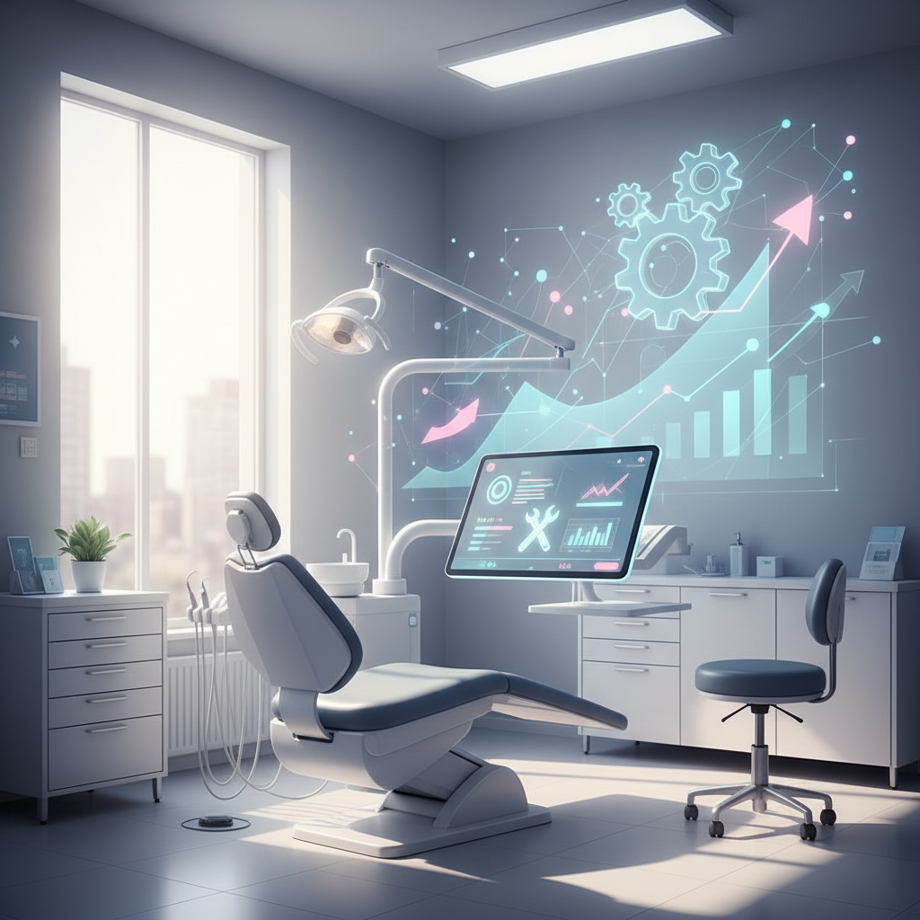 Modern dental workspace with dashboard, charts, and abstract symbols in clinical tones.