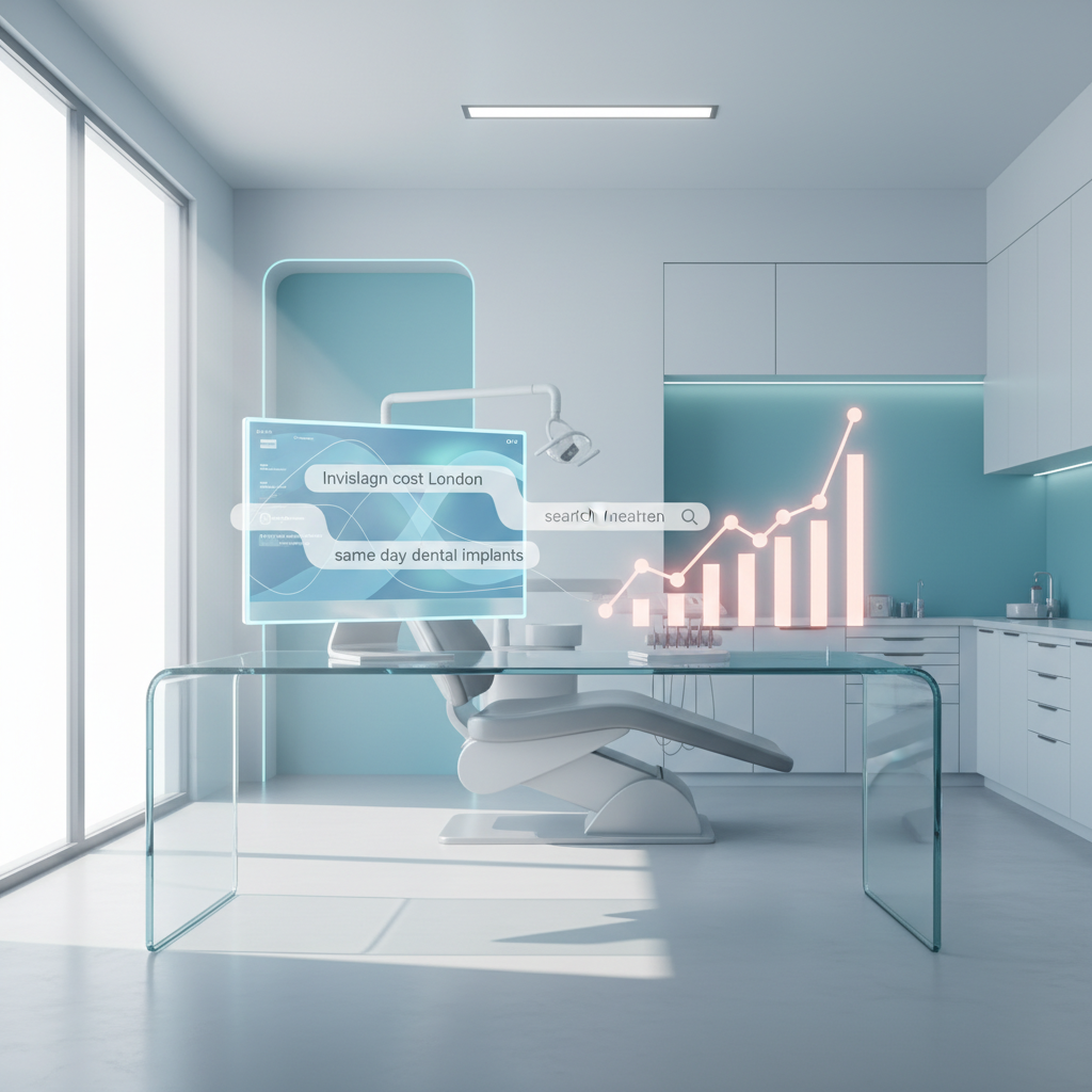 Modern dental workspace with data streams and growth chart in bright, clinical setting.