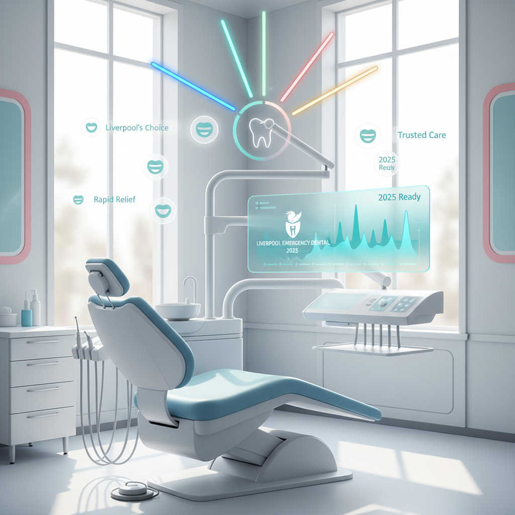 Modern dental workspace with data streams, growth charts, and testimonial bubbles in clinical tones.