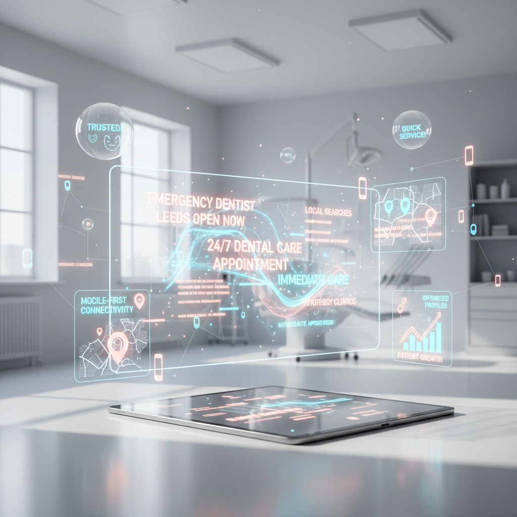 Modern dental workspace with data streams, maps, and growth charts in bright, clinical tones.
