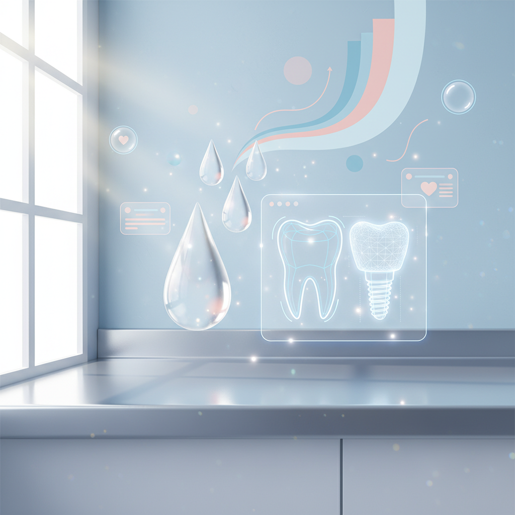 Modern dental workspace with digital blueprints, resin droplets, and glowing 3D structures.
