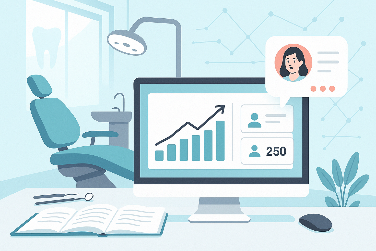 Modern dental workspace with digital dashboard, clinical tools, educational materials, and network graphics.