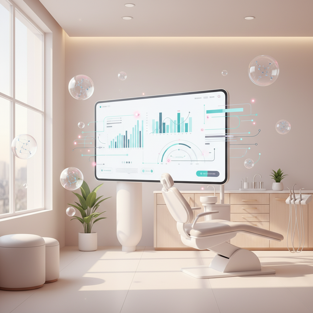 Modern dental workspace with digital dashboard, growth charts, floating bubbles, and warm lighting.