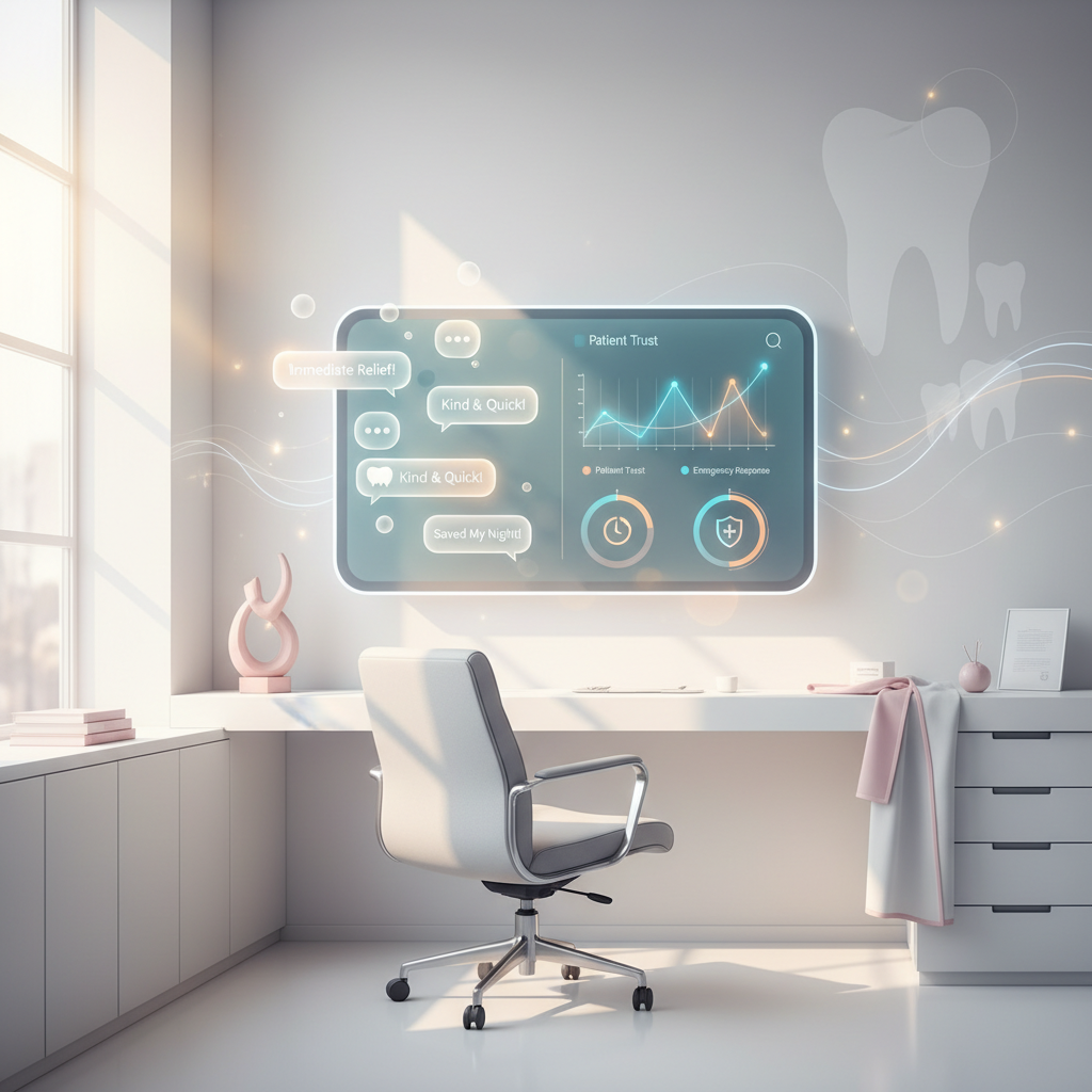 Modern dental workspace with digital dashboard showing testimonials, growth charts, and warm accents.