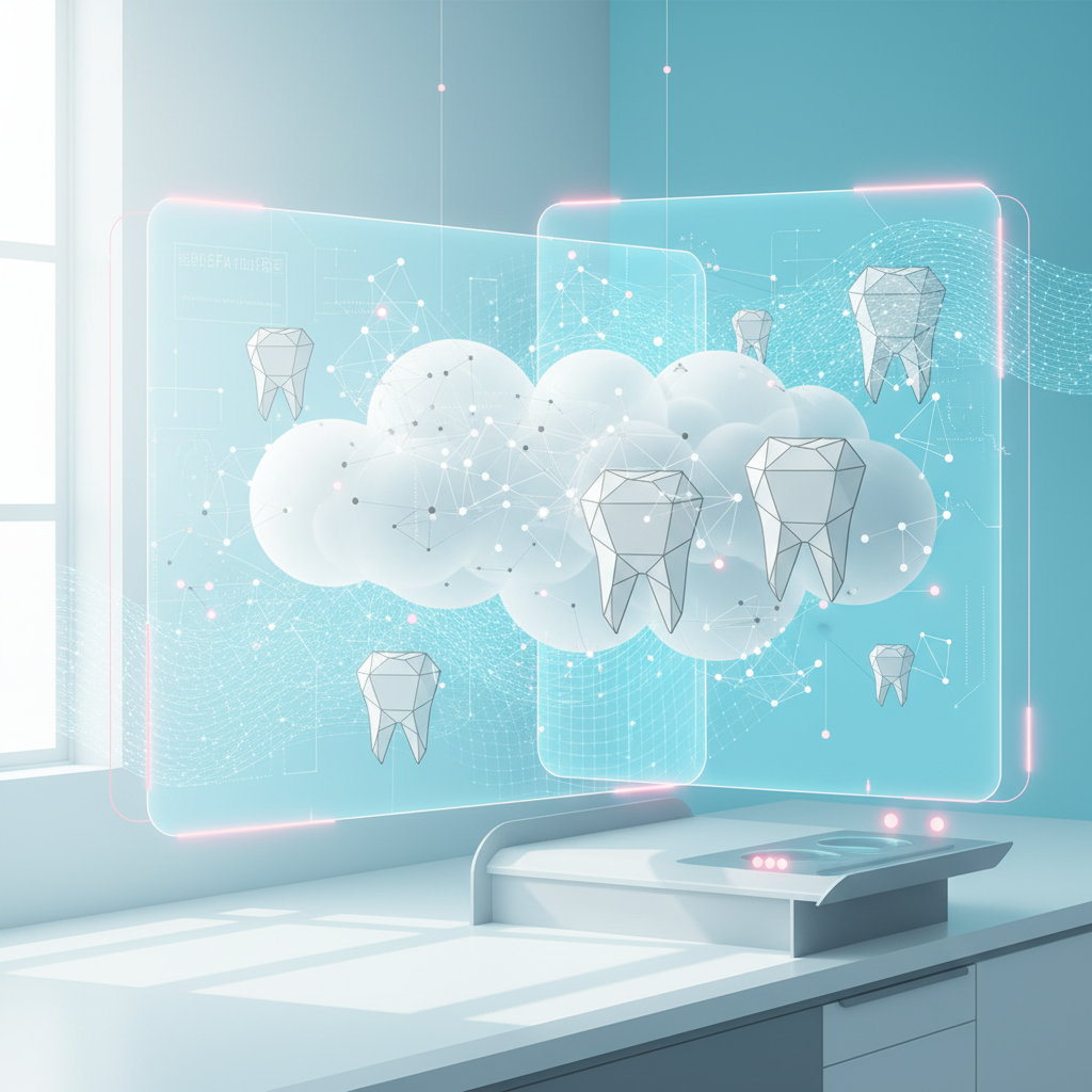 Modern dental workspace with digital tissue scans, data streams, and geometric tooth patterns in light blue and teal tones.