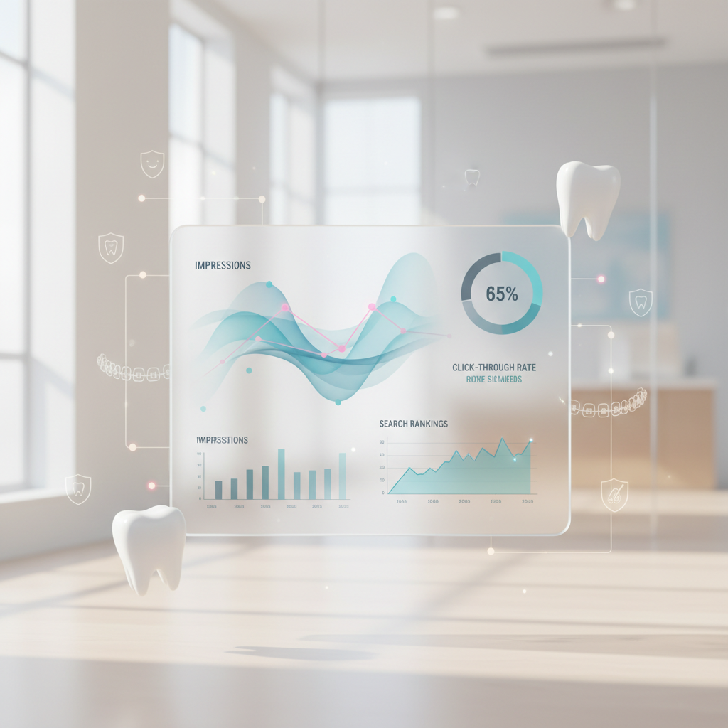 Modern dental workspace with floating dashboard showing analytics, surrounded by minimalist dental icons.