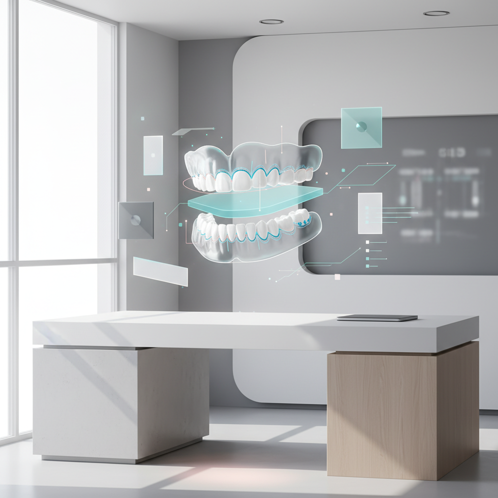 Modern dental workspace with floating digital dental arches and abstract geometric models in soft teal and blue hues.