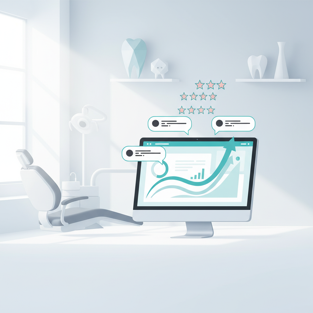 Modern dental workspace with floating testimonials, star ratings, and growth chart in bright, clinical tones.