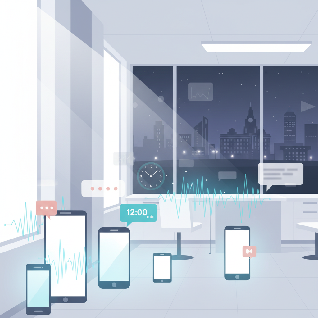 Modern dental workspace with glowing devices, voice waves, clocks, graphs, and testimonials.