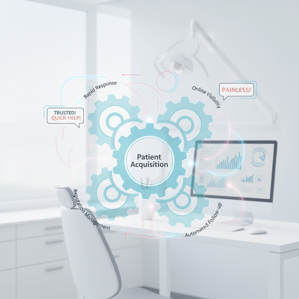 Modern dental workspace with glowing interconnected gears, digital charts, and patient flow overlays.