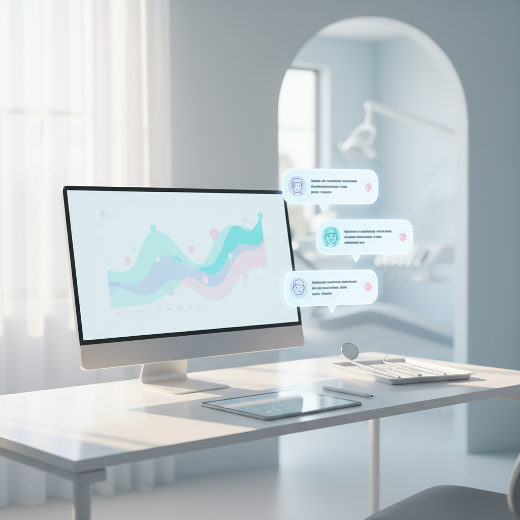 Modern dental workspace with growth charts, testimonial bubbles, and blurred clinical tools.
