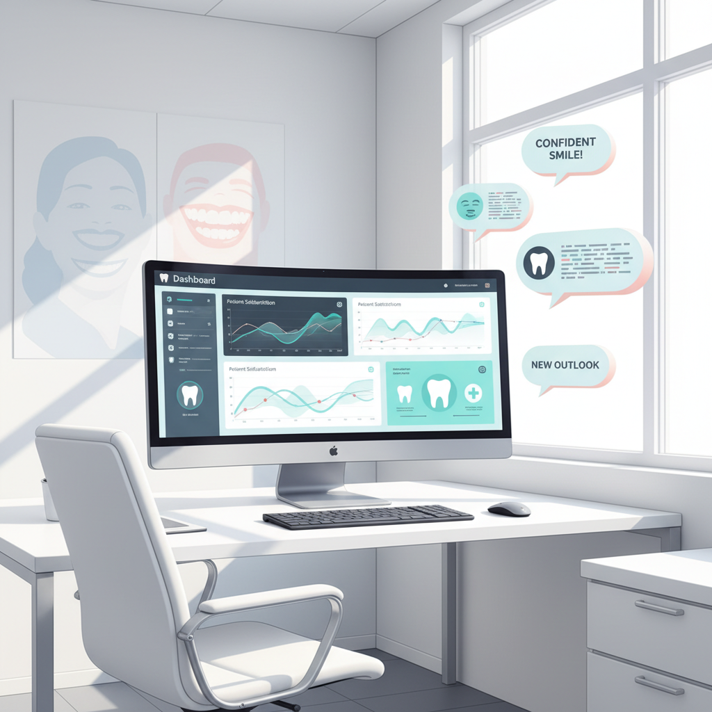 Modern dental workspace with growth charts, testimonial bubbles, and cultural smile silhouettes.