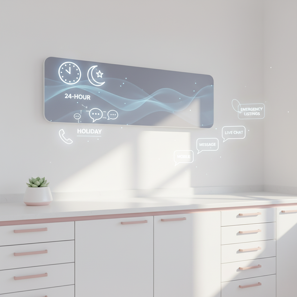 Modern dental workspace with icons for 24-hour service, contact methods, and emergency options.