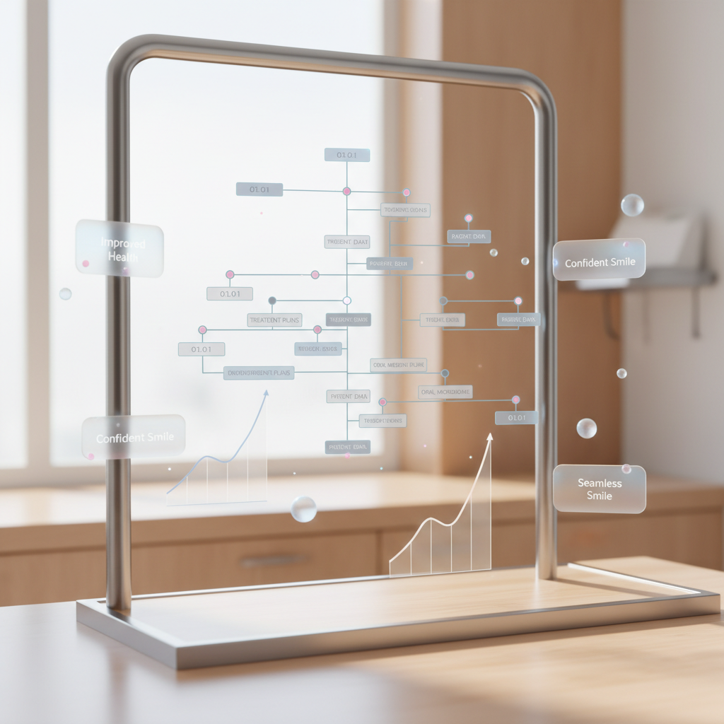 Modern dental workspace with interconnected nodes, growth charts, and testimonial bubbles in bright, airy lighting.