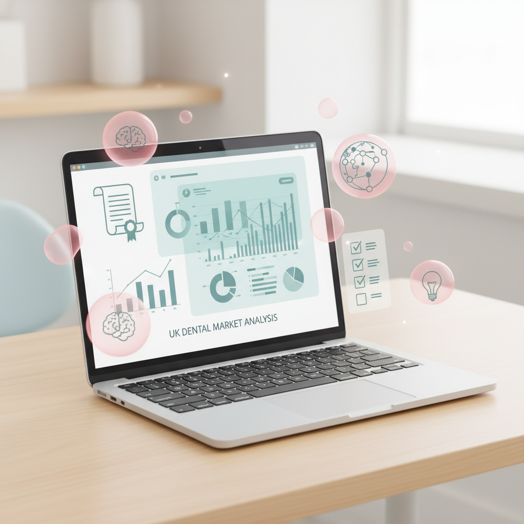 Modern dental workspace with laptop displaying charts, icons, and data insights in clinical tones.