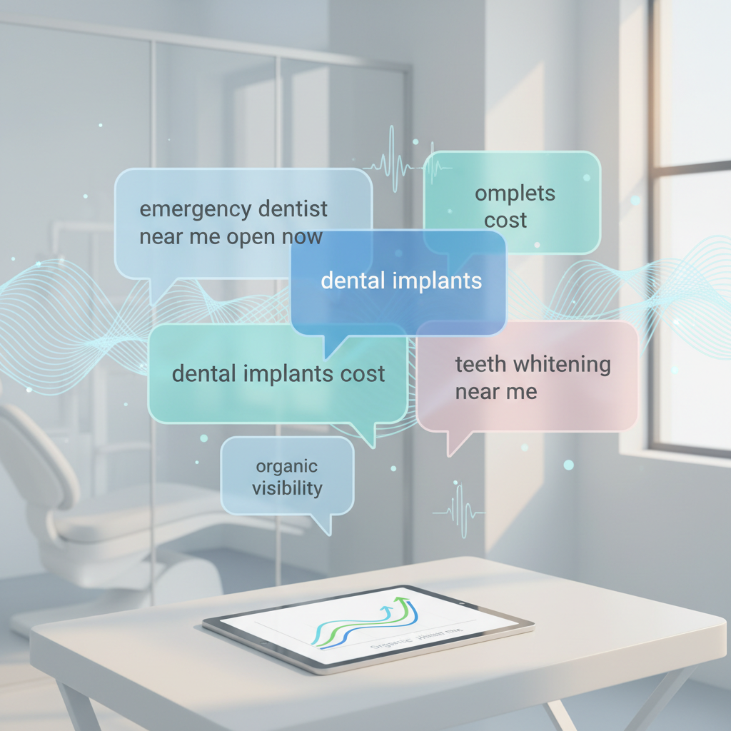 Modern dental workspace with speech bubbles and waveform patterns symbolizing voice search and digital growth.