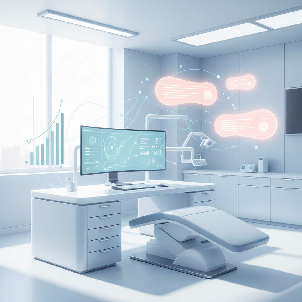Modern dental workspace with testimonial bubbles, growth charts, and network lines in bright, clean design.