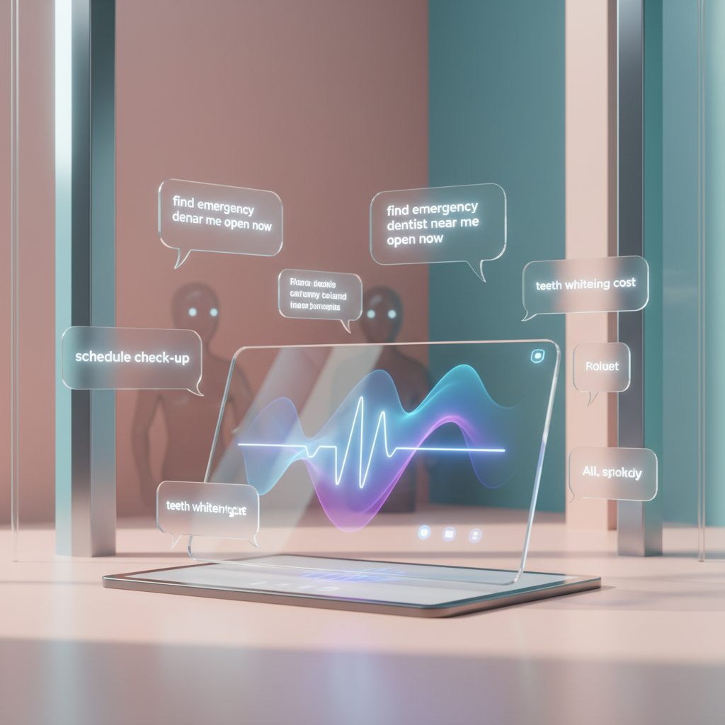 Modern dental workspace with voice command bubbles and AI chatbot in a bright, clinical setting.
