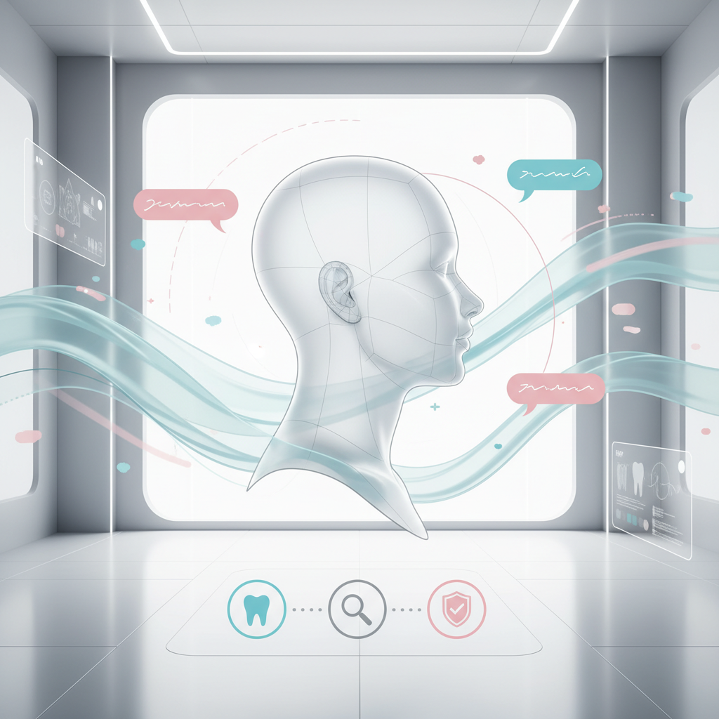Serene upright silhouette in a bright, modern dental treatment room with calming colors and abstract airflow shapes.