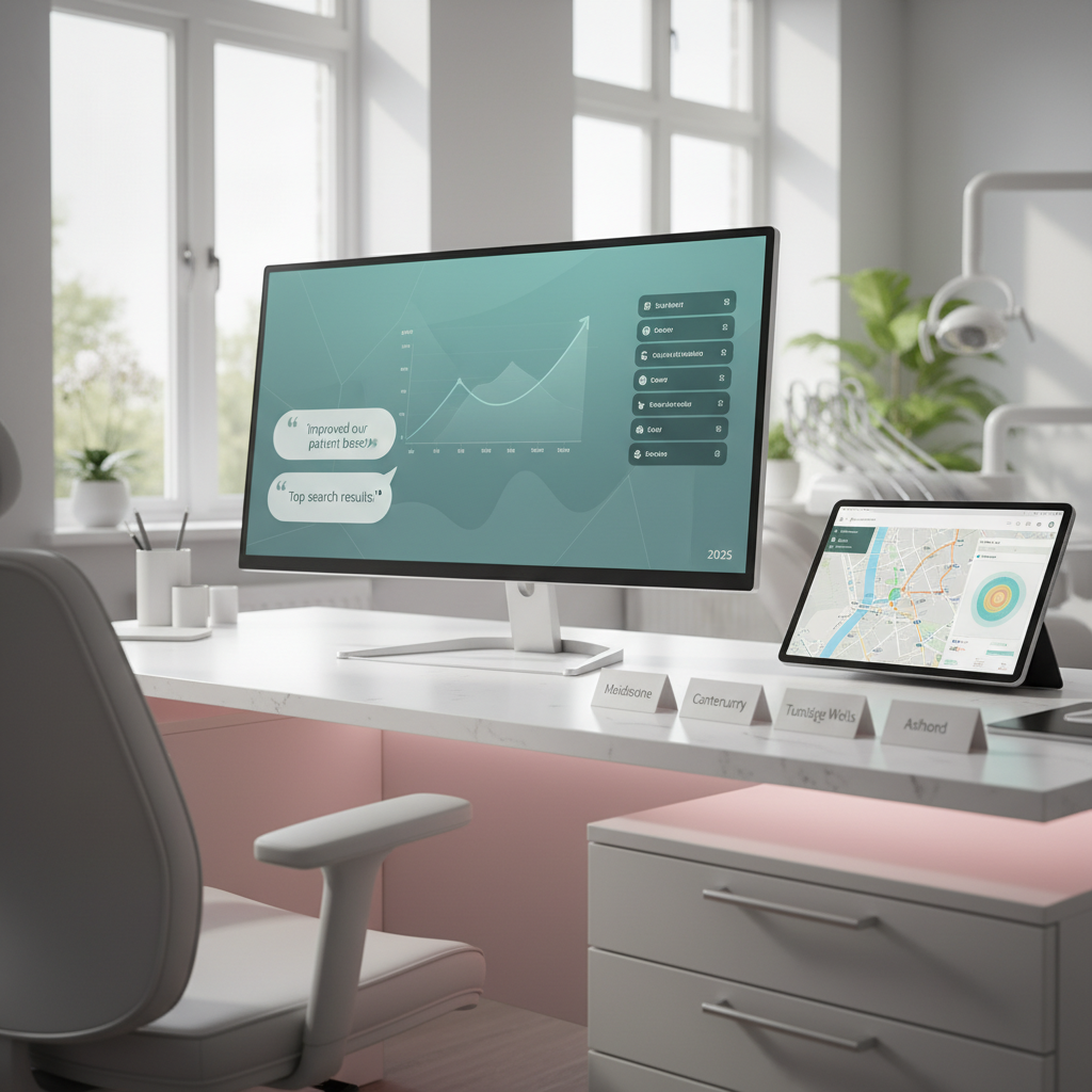 Bright dental clinic with digital dashboard, local town cards, and search data display.