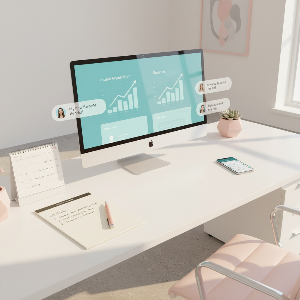 Bright dental clinic workspace with digital dashboard