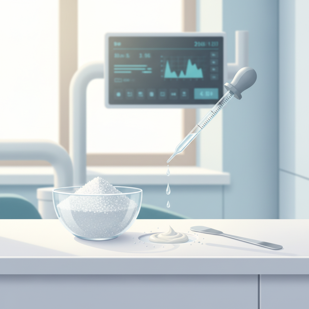 Dental treatment room with mineral granules, saline pipette, spatula, and digital dashboard.