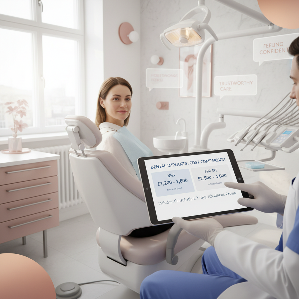 Dentist's gloved hand points at tablet showing NHS information