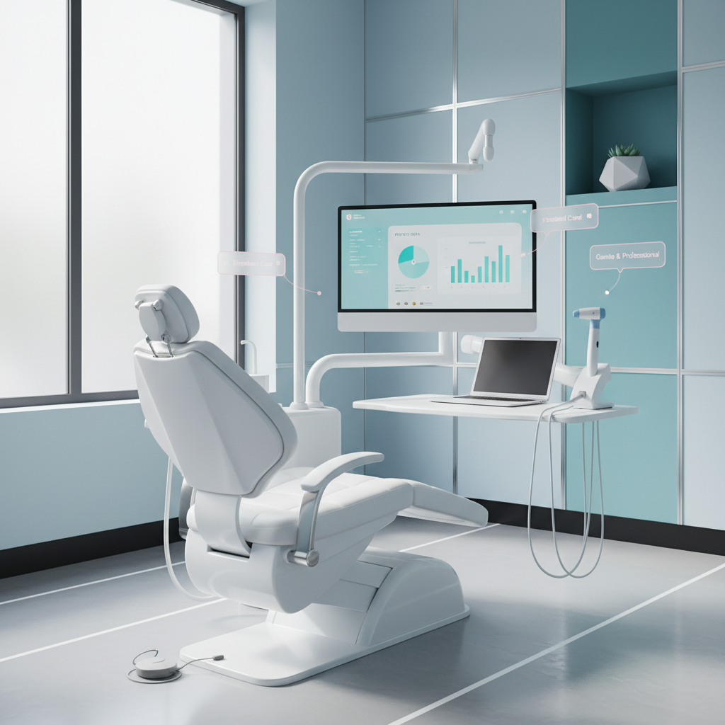 Modern dental clinic treatment room with digital dashboard, intraoral scanner, and laptop.