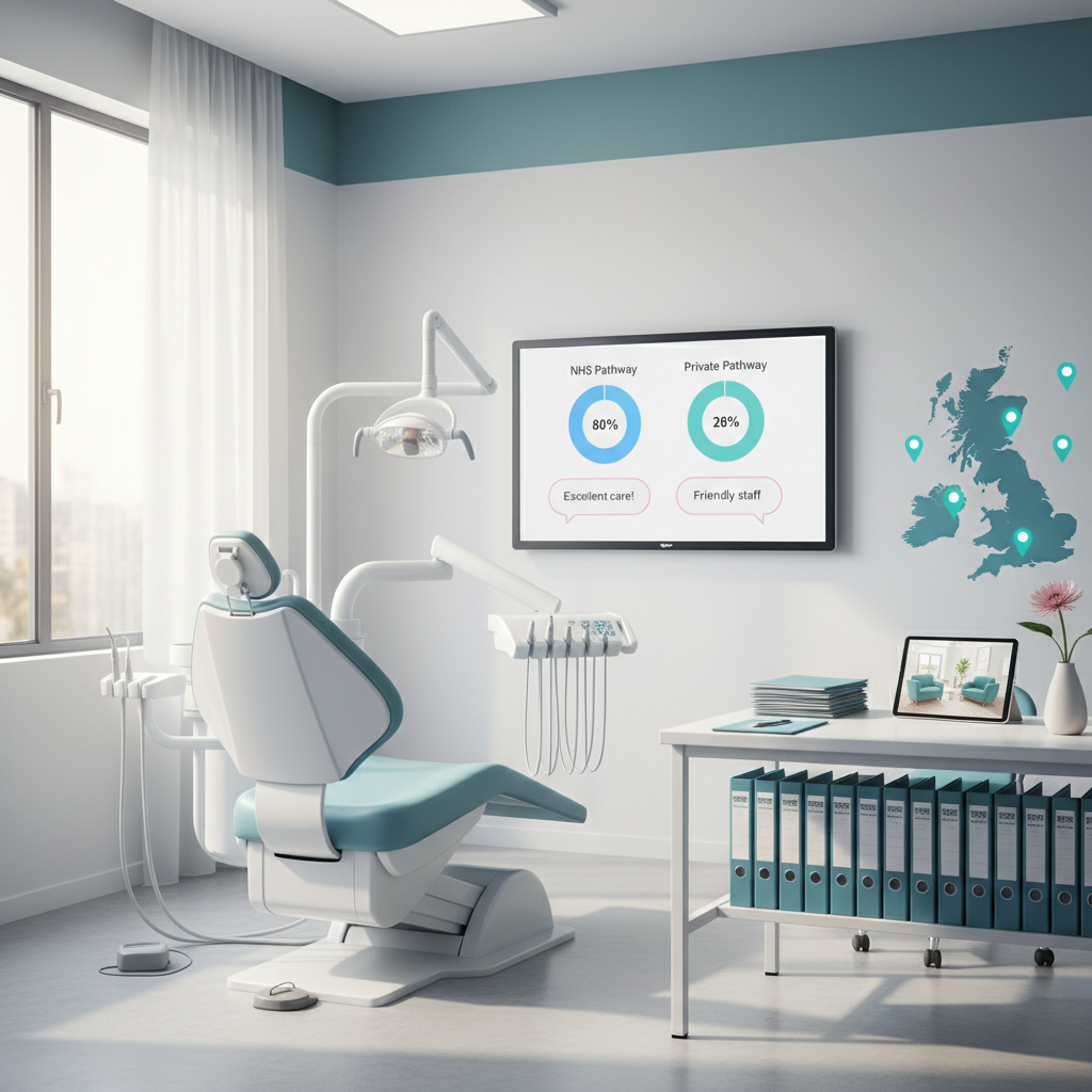 Modern dental clinic treatment room with digital dashboard, patient files, UK map, and waiting area.