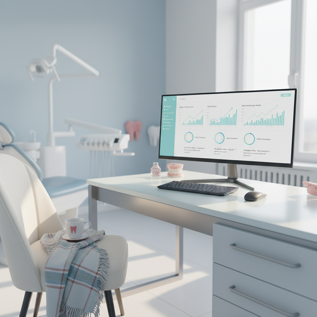 Modern dental clinic treatment room with digital SEO dashboard, tartan textiles, and warm, natural lighting.