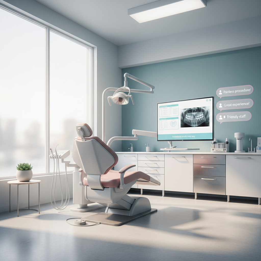Modern dental clinic treatment room with digital workspace, testimonial bubbles, and clinical tones.