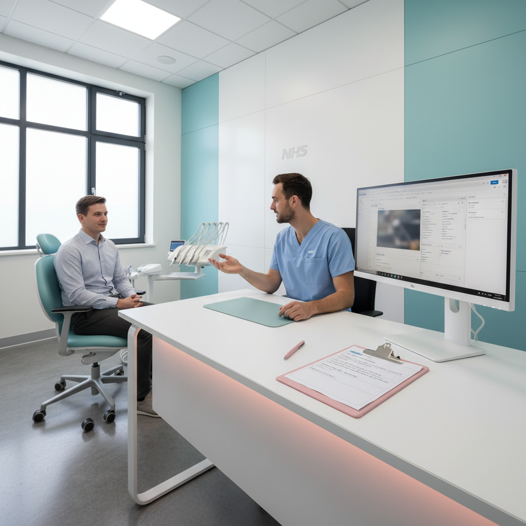 Dentist consulting patient in modern dental clinic