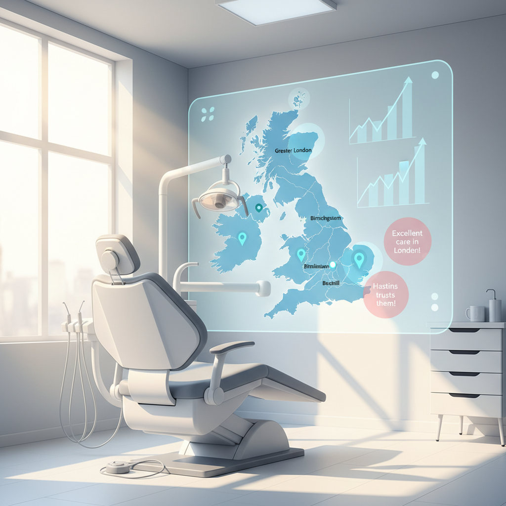 Modern dental clinic with digital dashboard showing UK regions, growth charts, and testimonials.