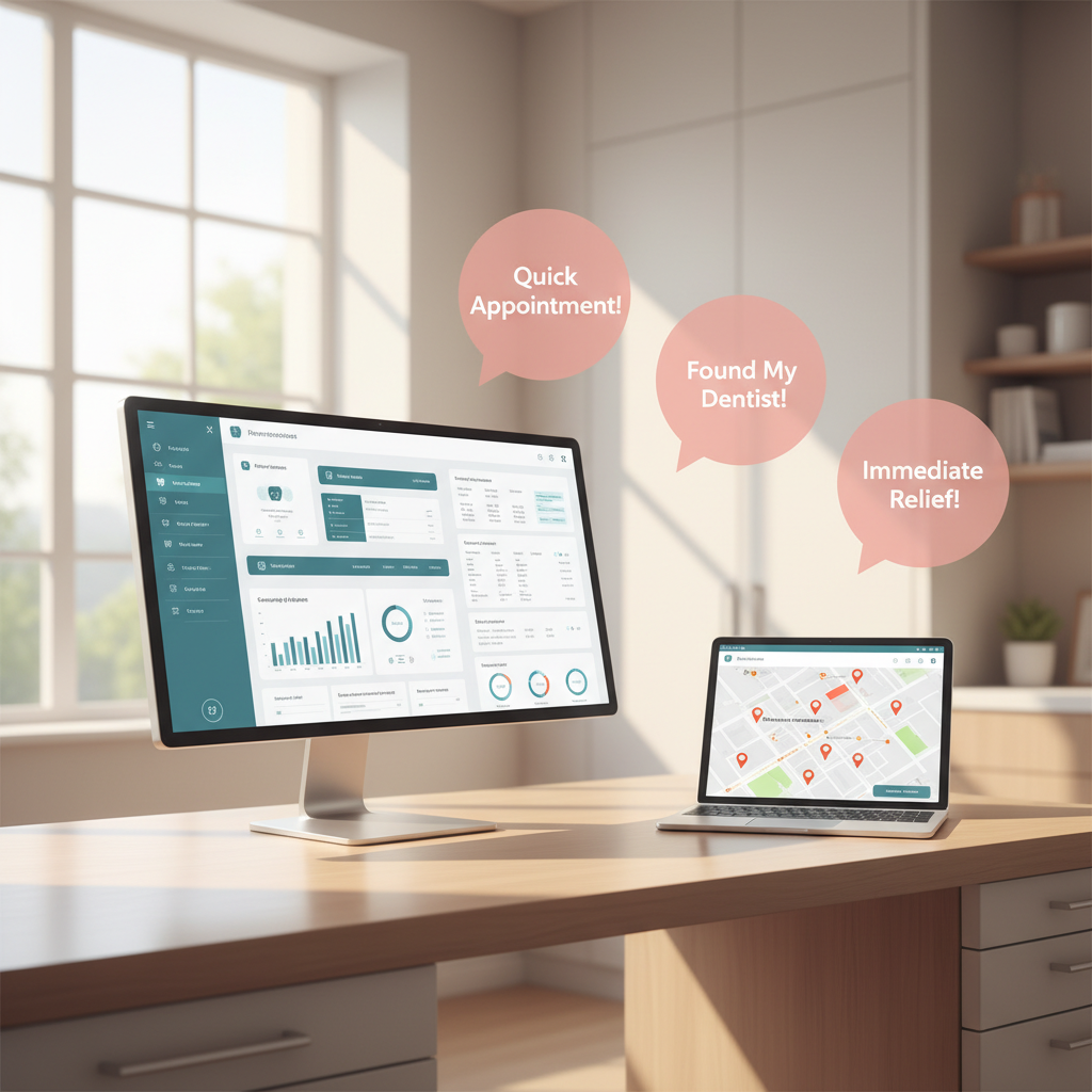 Modern dental clinic with digital dashboard, tablet map, and testimonial bubbles in a bright, inviting setting.