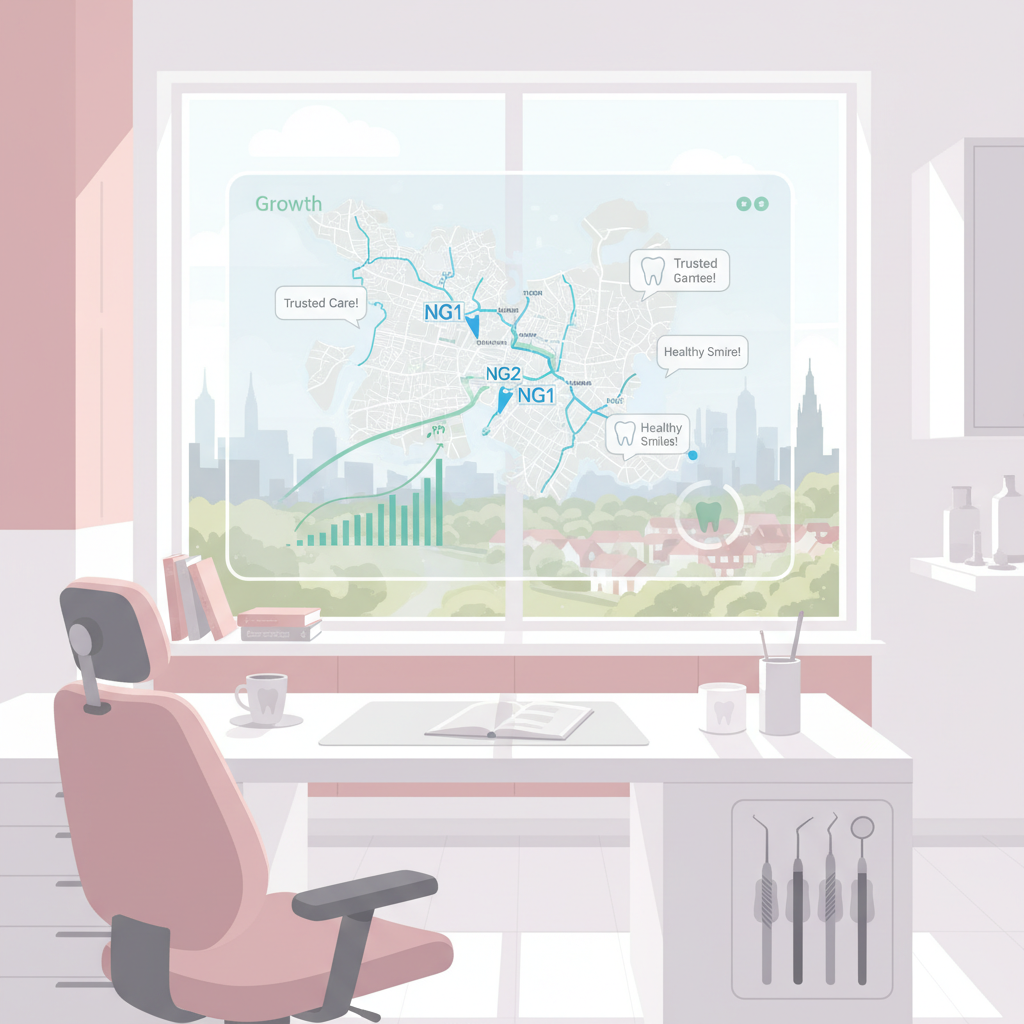 Modern dental clinic with digital map of Nottingham postcodes, dental tools, and city view.