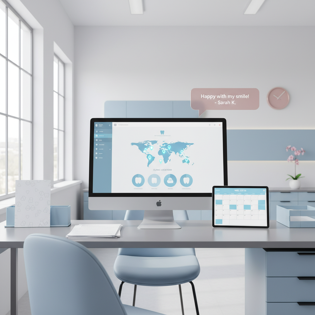 Modern dental clinic workspace with computer, consent forms, calendar, and testimonial in bright, clean room.