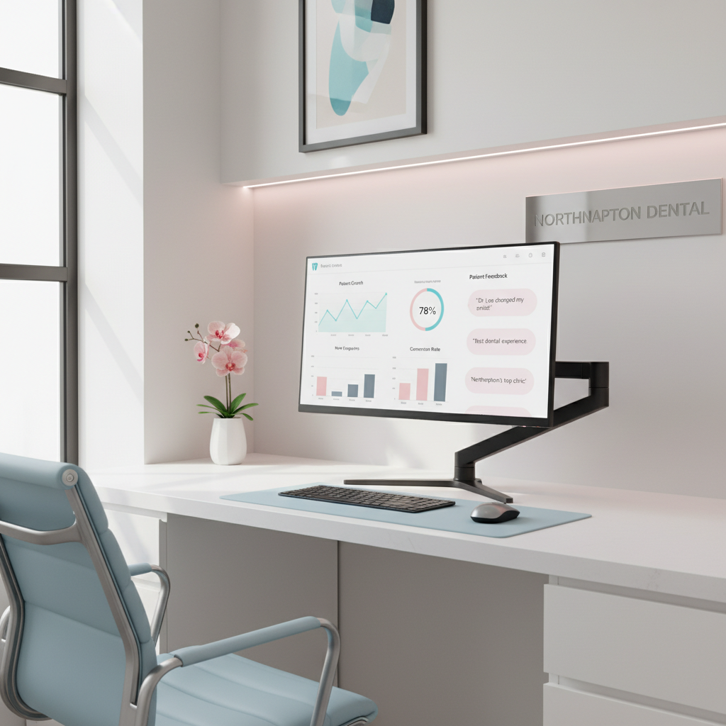 Modern dental clinic workspace with computer displaying a patient dashboard and testimonial bubbles.