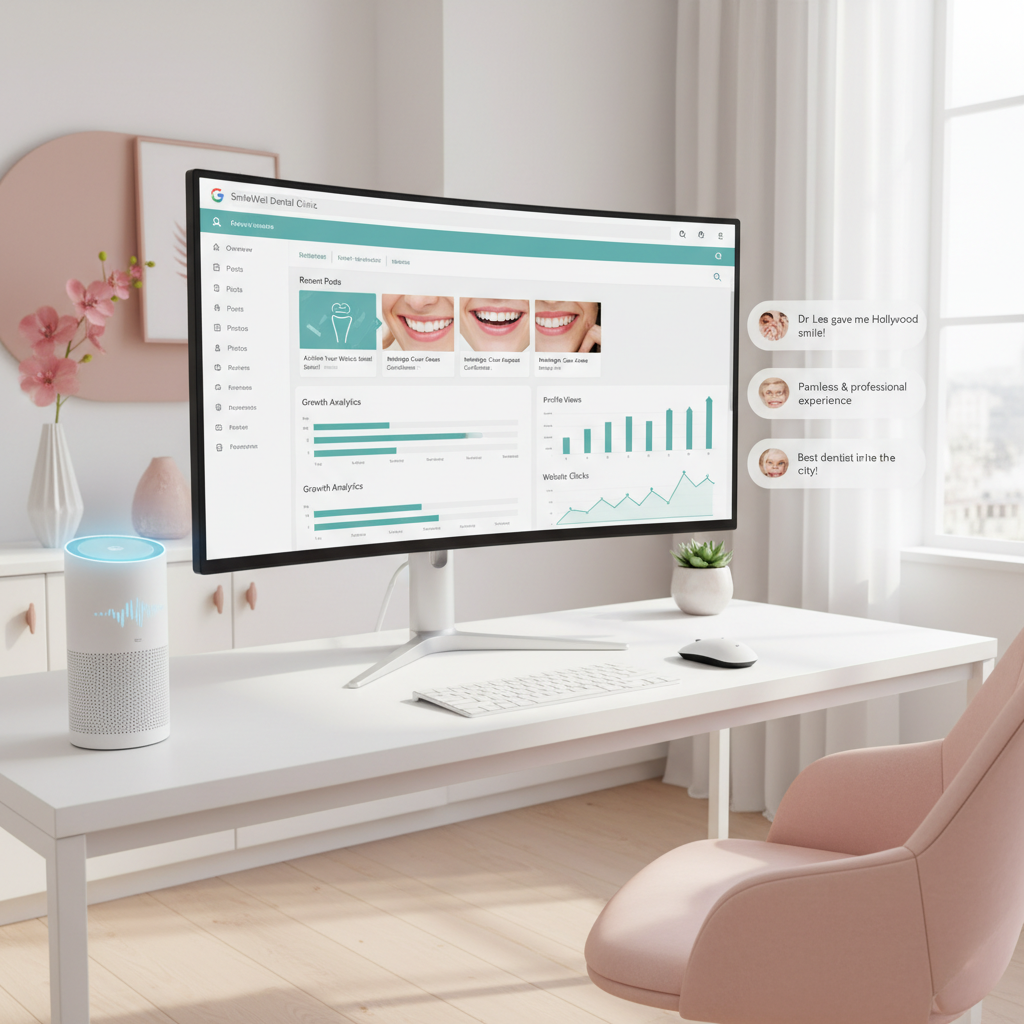 Modern dental clinic workspace with computer displaying Google Business Profile and voice assistant.