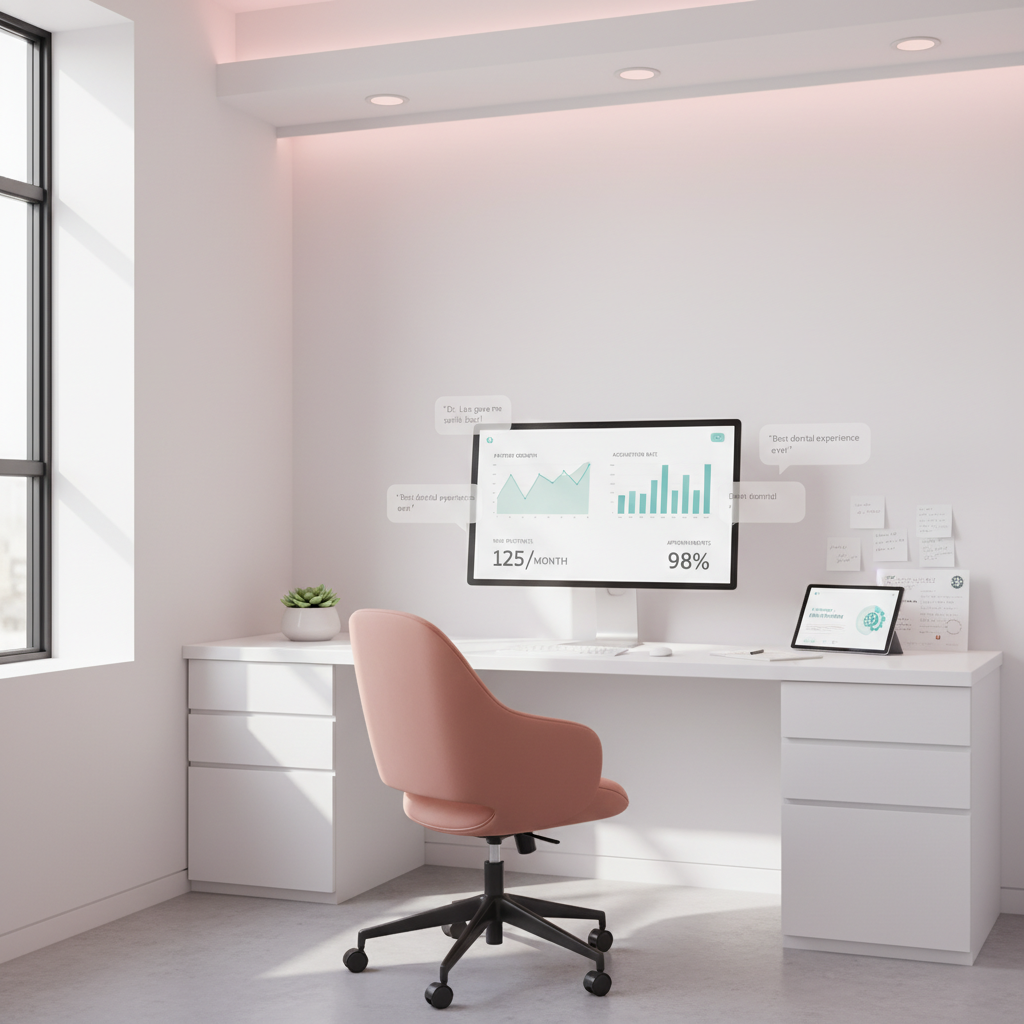 Modern dental clinic workspace with computer displaying patient growth and AI automation notes.