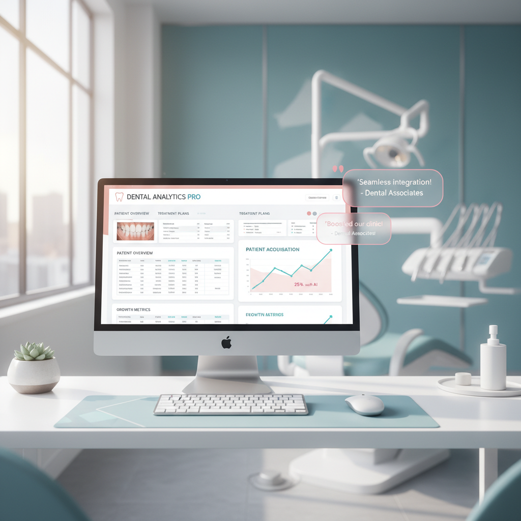 Modern dental clinic workspace with computer displaying patient charts and growth graphs.
