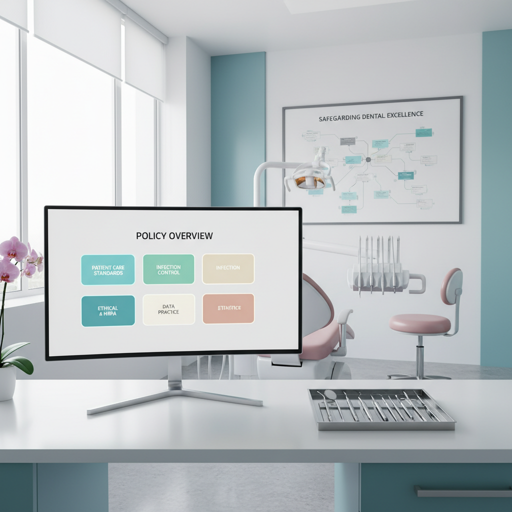 Modern dental clinic workspace with computer, tools, dental chair, and infographic in bright, clean setting.