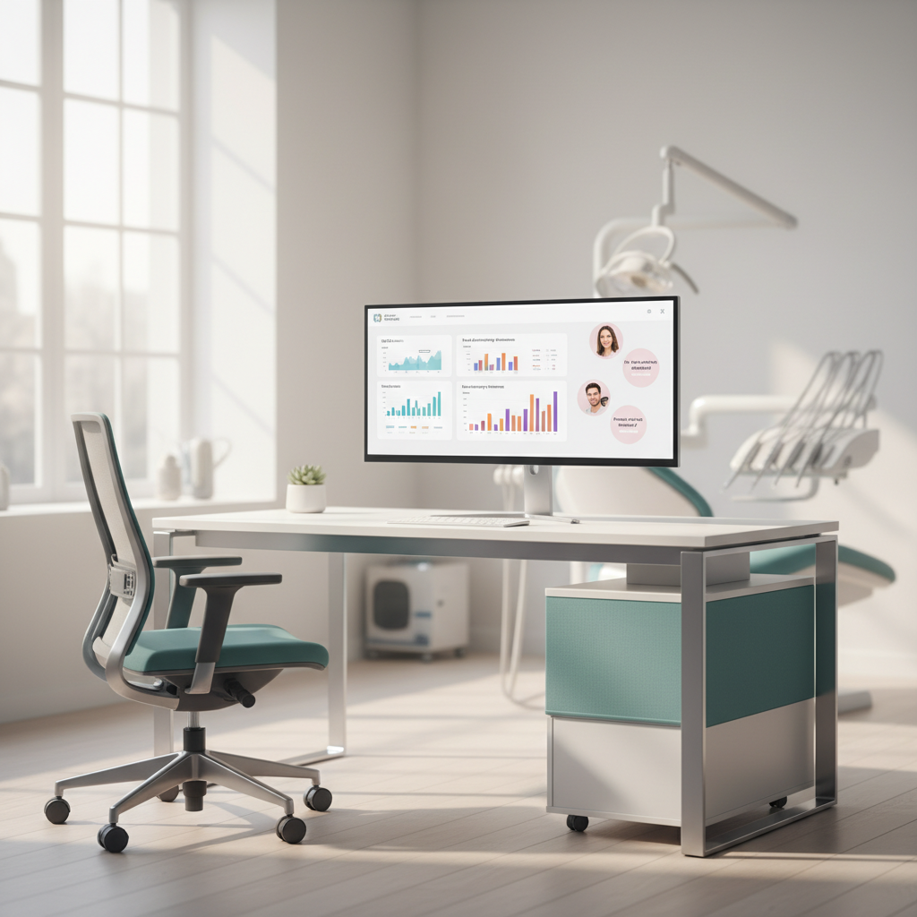 Dental clinic workspace with dashboard display