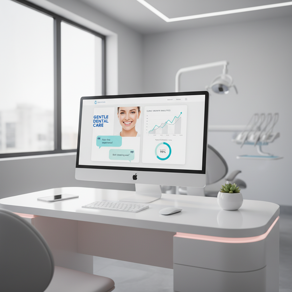 Modern dental clinic workspace with digital dashboards, testimonials, and growth charts.